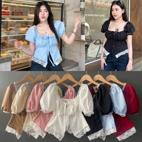 Summer Square Neck Puff Sleeves Lacey Border Tops